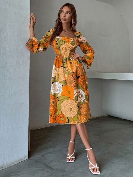 

floral print shirred gathered sleeve square neck dress p0rv#, Black;gray