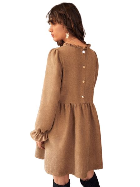 

single breasted back frill trim flounce sleeve corduroy dress x7ws#, Black;gray