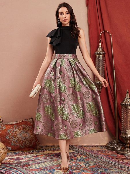 

exaggerate ruffle trim jacquard combo dress c12g#, Black;gray