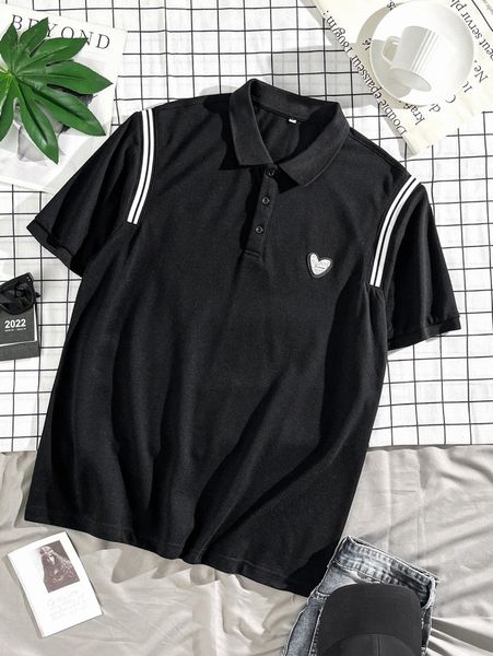 

men heart patched contrast striped tape polo shirt x4m0#, White;black