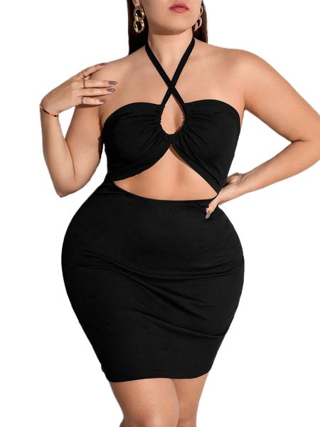 

plus cut out criss cross front halter neck bodycon dress j1fj#, Black