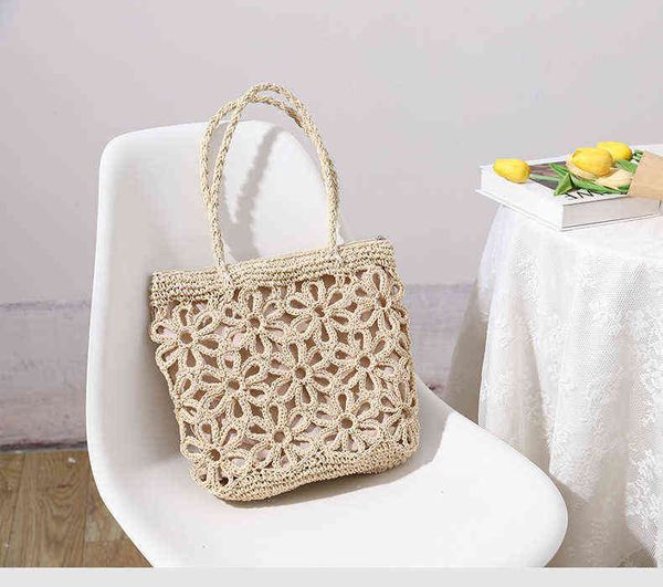 

casual hollow flower women straw woven bag women's shoulder portable seaside vacation beach rattan bag female handbag g220524