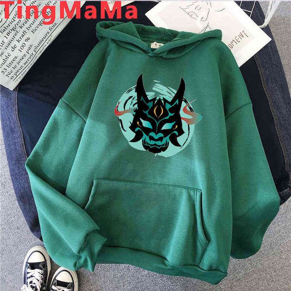 Genshin Impact Xiao Mask Fangs Graphic Hoodie Kaedehara Kazuha Unisex Hip Hop Streetwear Langarm Tasche Graffiti Style Print Y220713