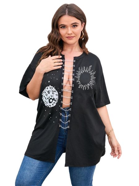 

plus sun print chain detail drop shoulder tee h0jq#, Black