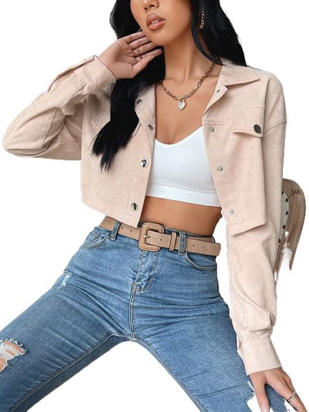 

drop shoulder flap detail crop jacket a7nw#, Black;brown