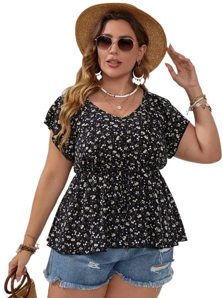 

plus ditsy floral batwing sleeve peplum blouse r8zr#, Black