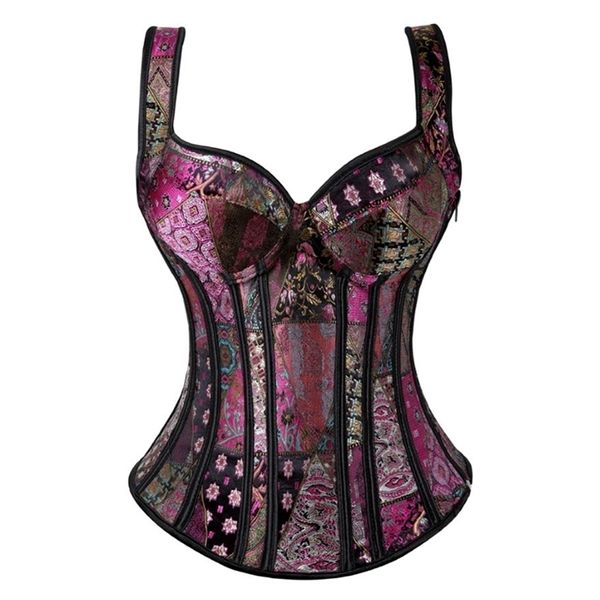 Steampunk tiras de espartilho overbust com xícara de xícara lateral sexy jacquard floral ciência cilher bustier lingerie top plus size 220524