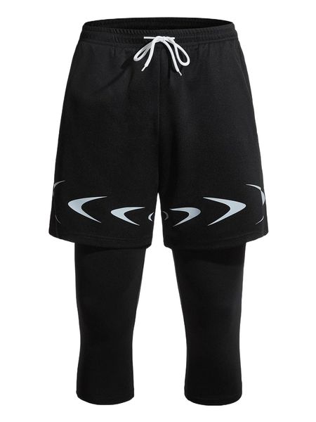 

men 2 in 1 graphic print drawstring waist capris sports tights 35hf#, Black