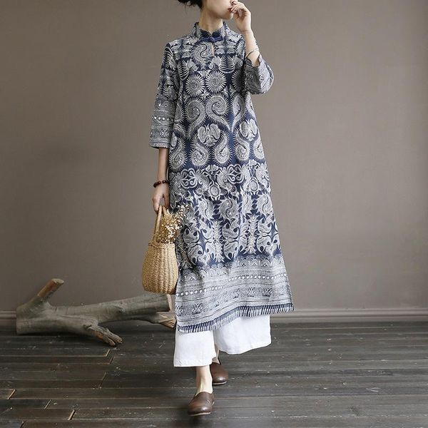 Lässige Kleider Frühling und Sommer Damenkleid Retro Disc Button Batik-Stil Blau Weiß Porzellan Zen Lockeres KleidLässig
