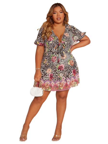 

sxy plus leopard and floral print tie front dress l8mf#, Black