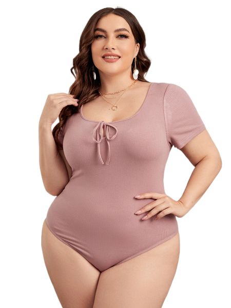 

plus ribbed knit knot front bodysuit h7xm#, Black