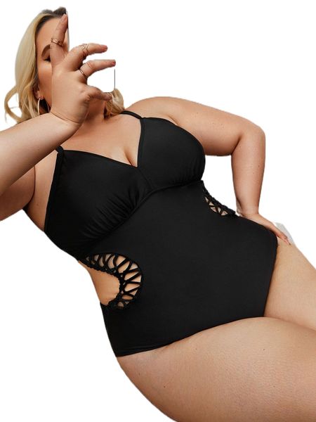 

plus lattice tie back one piece swimsuit 92bf#, White;black