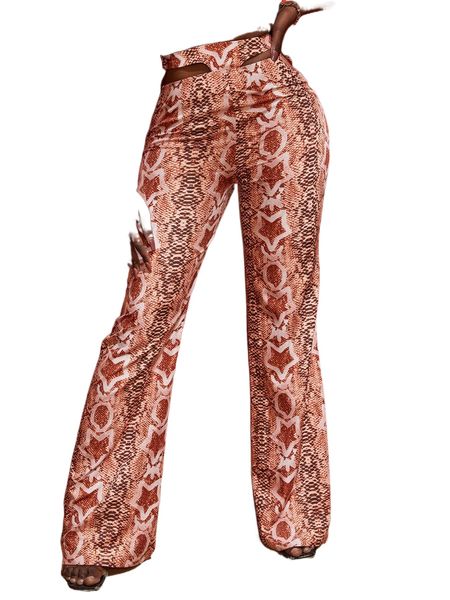 

sxy cut out waist flare leg snakeskin print pants f4ly#, Black;white
