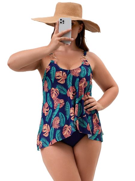 

plus tropical print chain decor one piece swimsuit n0bk#, White;black