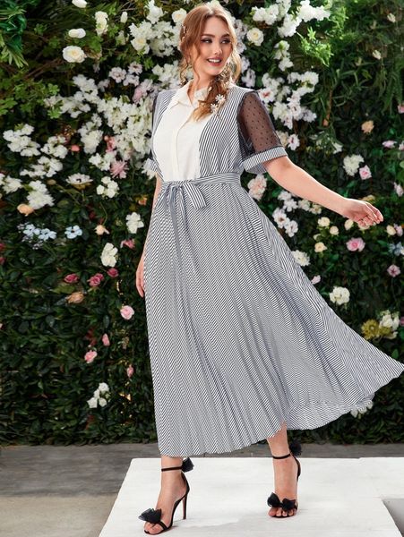 

plus dobby mesh striped print belt dress n2eo#, Black