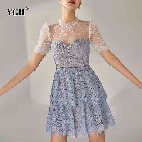 

elegant patchwork lace mesh dress for women stand collar short sleeve high waist hit color vintage dresses female summer 210507, Black;gray