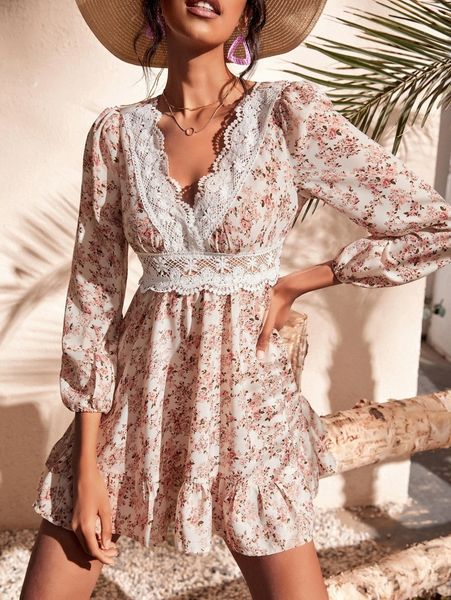 

petite floral print guipure lace insert lantern sleeve dress o4py#, Black;gray