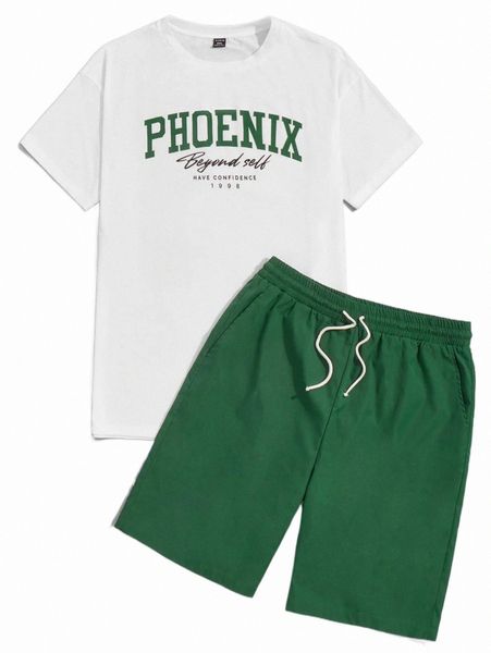 

extended sizes men slogan graphic tee & drawstring waist shorts y0kk#, Gray