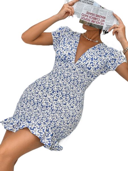 

deep v neck allover floral print shirred ruffle hem dress a3ri#, Black;gray