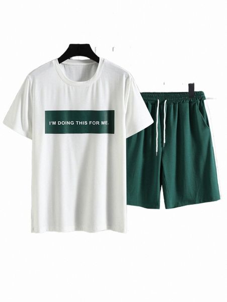 

men slogan graphic tee & shorts z3mg#, Gray