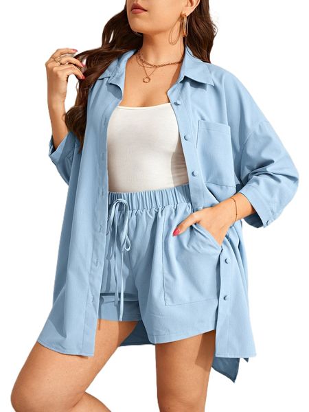 

plus patched pocket drop shoulder blouse & tie front shorts k4xj#, Black