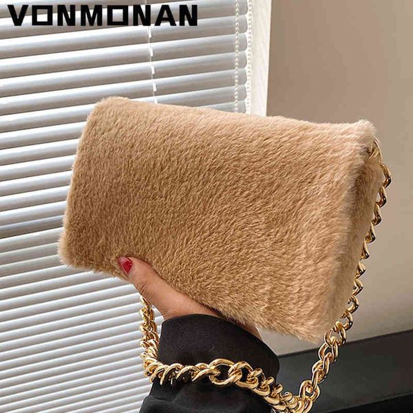 

evening bag women fashion handbag purses winter designer shoulder crossbody messenger with gold chain for female branded faux fur sac 0623