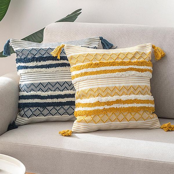 Almofada/travesseiro decorativo boho decoração tampa de almofada azul amarelo preto tufado jacquard tecida para sofá -cama de decoração em casa 45x45cm/30x50cm/50x5