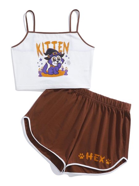 

x nemons cartoon and letter graphic ringer cami and shorts set p8im#, White