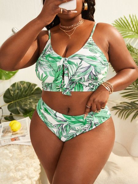 

plus plant print knot front bikini swimsuit 18vq#, White;black
