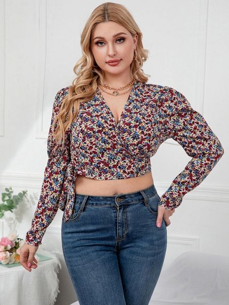 

plus floral print puff sleeve knot side crop blouse e33d#, Black