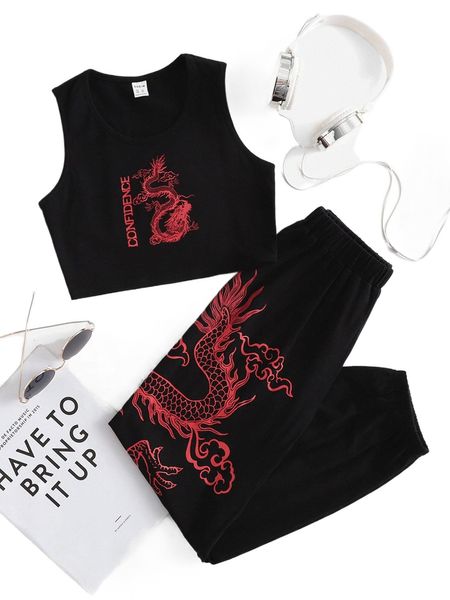 

dragon & letter graphic tank & sweatpants e475#, White