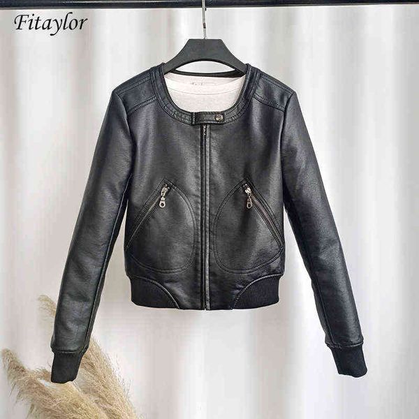 Fitaylor Faux Leather Jacket Женщина O-образная байкерская куртка женская мотоциклетная пальто 4xl Soft PU Basic Black Outwear L220728