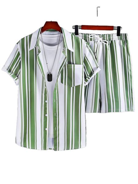 

men striped pocket patched shirt & shorts without tee 47jf#, Gray