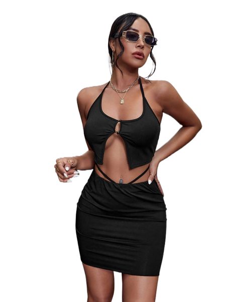 

solid crop split front halter & tie back bodycon skirt u6v9#, White