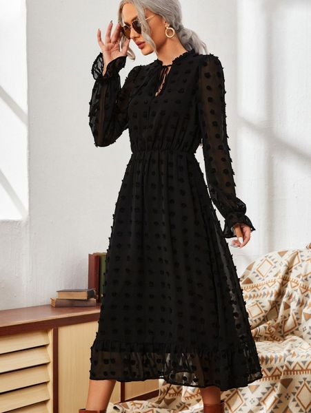 

tie neck swiss dot flounce sleeve dress e6ln#, Black;gray
