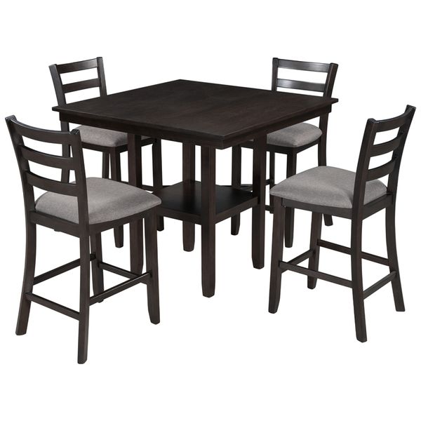 

nodern fashion dining room furniture 5-piece wooden counter height dining set with padded chairs and storage shelving kitchen sets