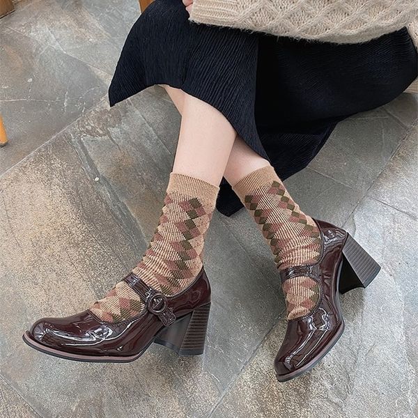 

women pumps shoes thick heels waterproof platform mary janes patent leather classics dress square toe buckle strap 220420, Black