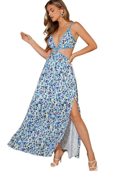 

ditsy floral print split thigh tie backless cami dress q3nm#, Black;gray