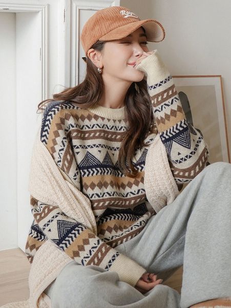 

dazy striped and geo pattern drop shoulder sweater g0nj#, White;black