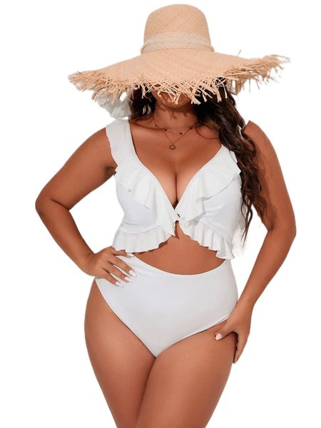 

plus ruffle trim cut out tie back one piece swimsuit u638#, White;black