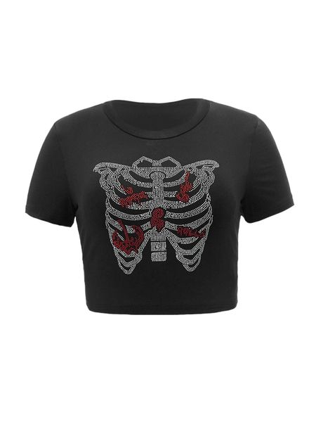 

plus rhinestone skeleton pattern tee d6zg#, Black
