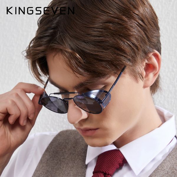 

kingseven fashion gothic steampunk sunglasses polarized men women brand designer vintage round metal frame sun glasses eyewear 220511, White;black