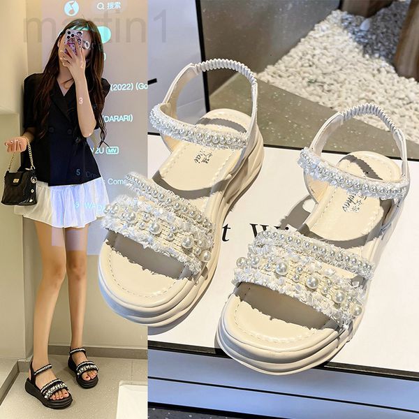 

sandals designer female students wear 2022 summer new women's shoes, korean pearl elastic belt cover foot thick bottom beach women&#039, Black