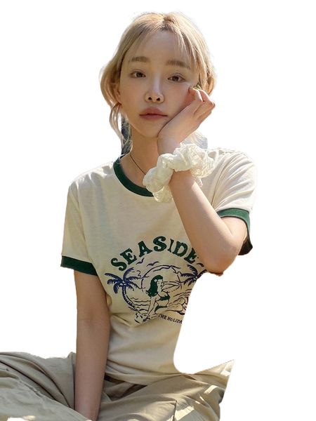 

dazy figure & letter graphic contrast binding tee l8vn#, White