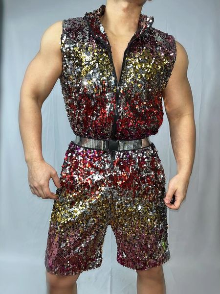 

hip hop stage wear men modern jazz dance costume glitter colorful sequins sleeveless jumpsuit with belt one piece overalls nightclub bar per, Black;red