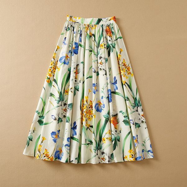 

european and american women's wear spring 2022 new floral printed cotton fashionable pleated skirt, Black