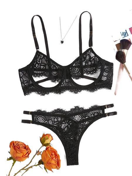 

lace panel cut out underwire v-string lingerie set x10m#, Black;red