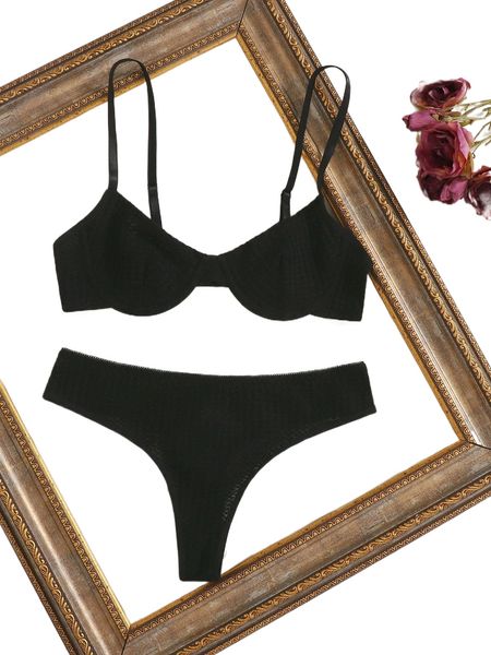 

solid textured underwire lingerie set a95l#, Black;red