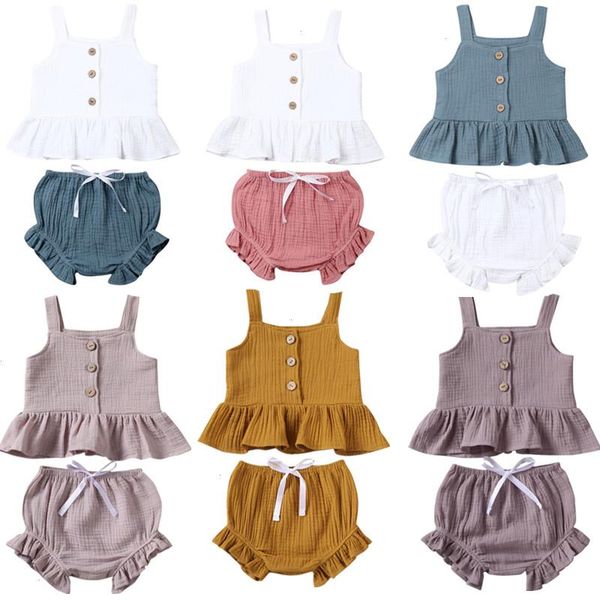 

1-5years kid newborn set baby girls button sleeveless tank tok mini shorts outfits 2pcs clothing, White