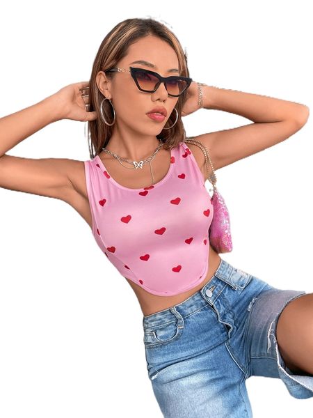 

heart print asymmetrical hem crop tank i0gb#, White